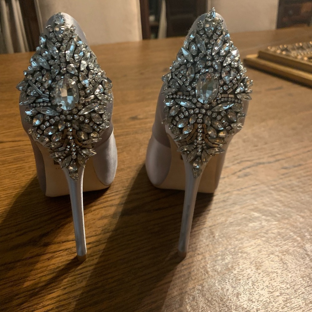 Badgley Mischka White Crystal Embellished Satin Heels